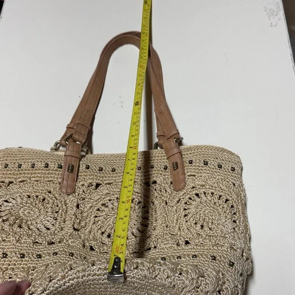 Woven Crochet Tote Bag with Leather Straps - Beige - Picture 11 of 13